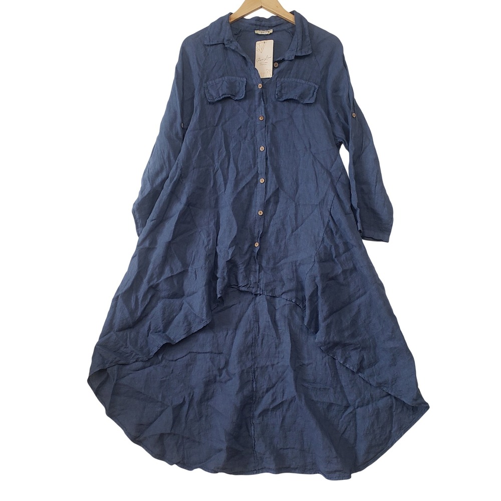Puro Lino Linen Tunic Dress Blue High Low Button Front Made Italy Lagenlook Boho